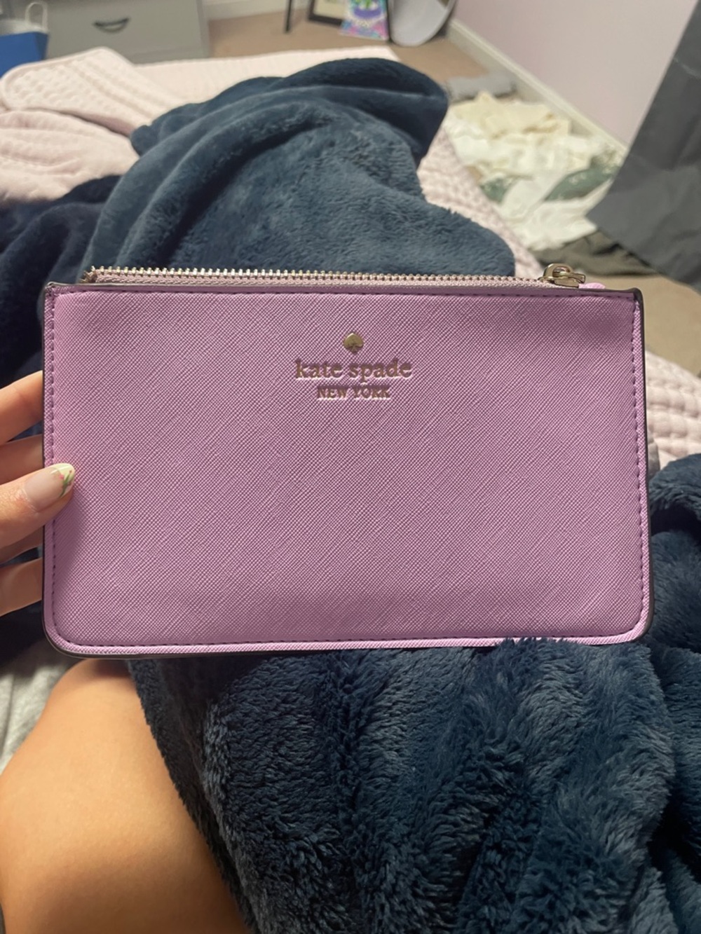 kate spade Lavender Saffiano Zip Card Wallet with Gold Logo